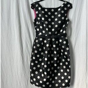 NEW Eliza J Polka Dot Tulip Dress Black White Belted Retro 70s Inspired